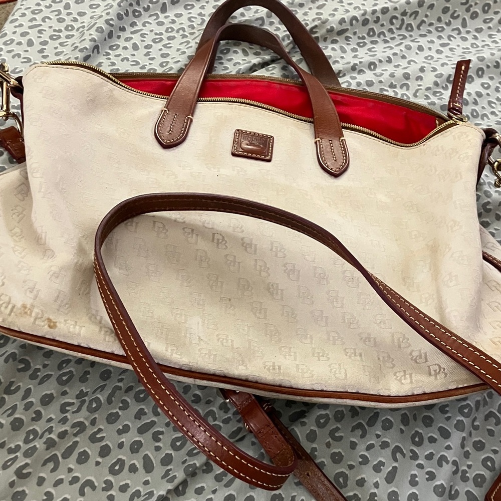 Dooney & Bourke Cream Monogram Tote with Brown Handles